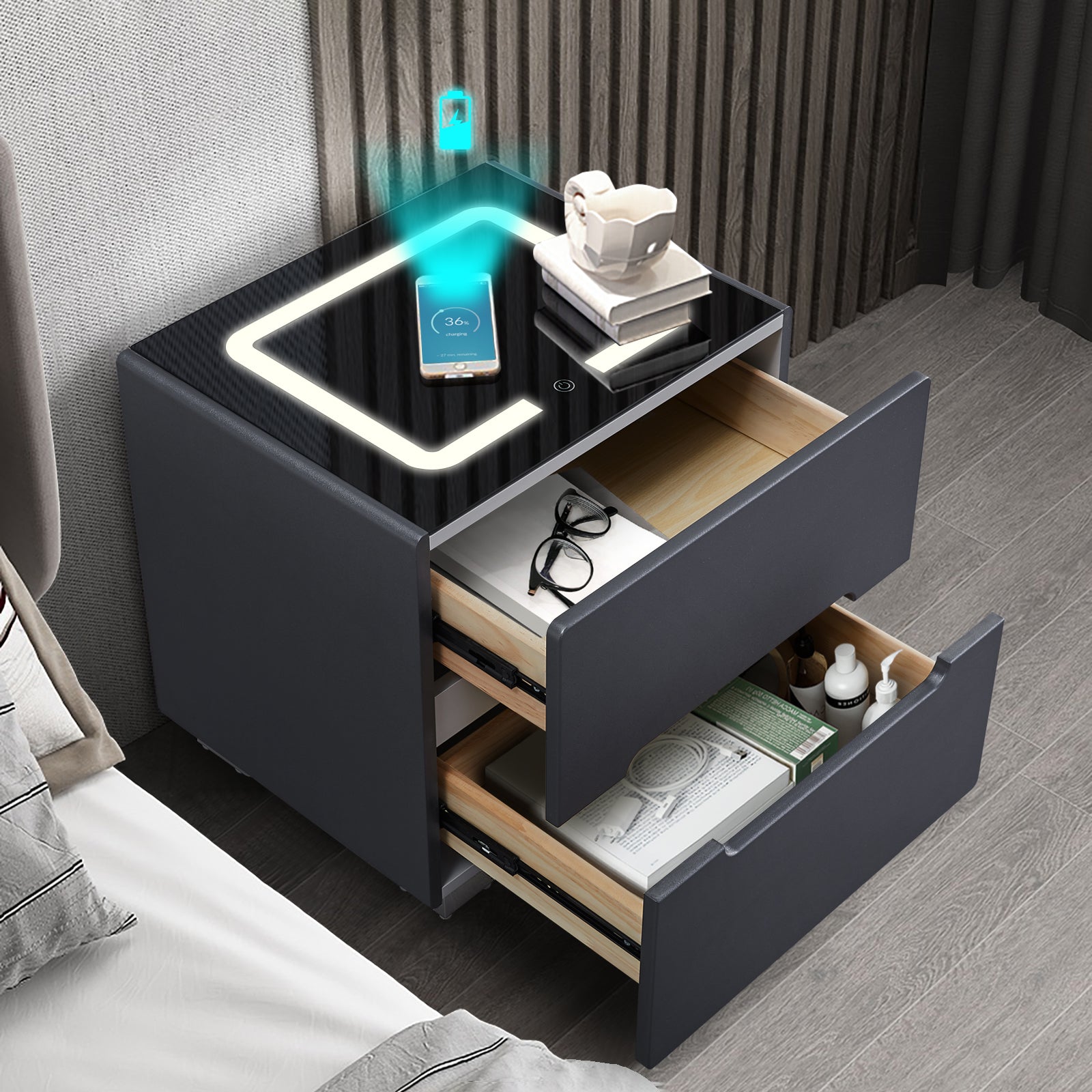 Erinn LED Light Bedside Table [2/3 Drawers][Charging Station][Nightstand]-AUDUS INTERIORS