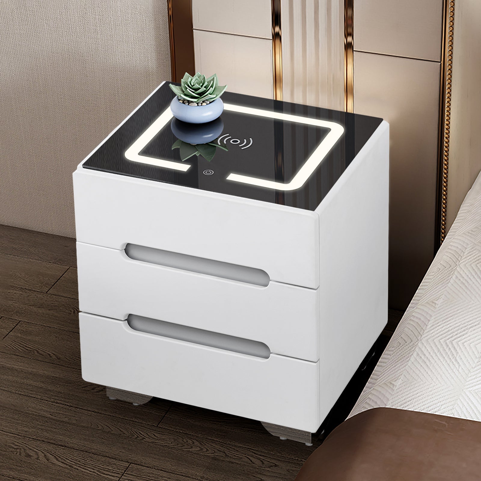 Erinn LED Light Bedside Table [2/3 Drawers][Charging Station][Nightstand]-AUDUS INTERIORS