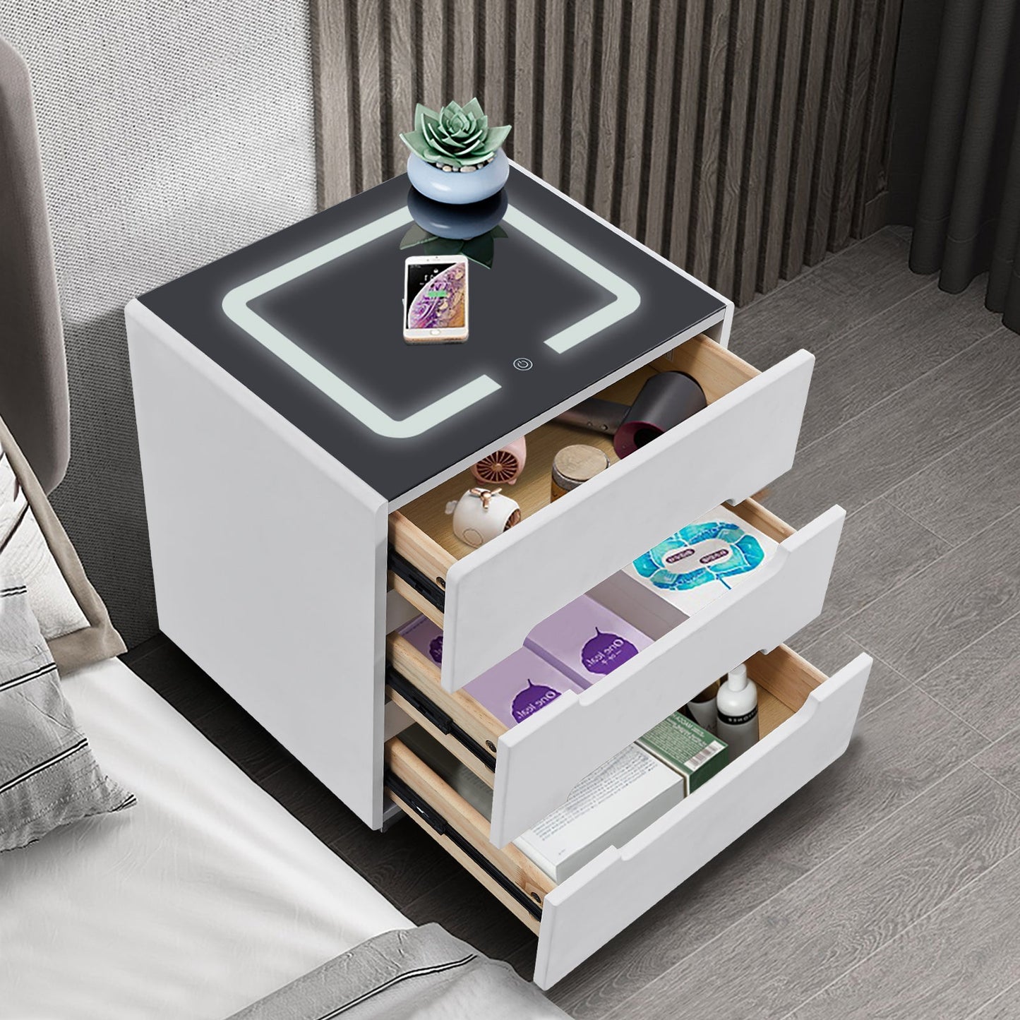 Erinn LED Light Bedside Table [2/3 Drawers][Charging Station][Nightstand]-AUDUS INTERIORS
