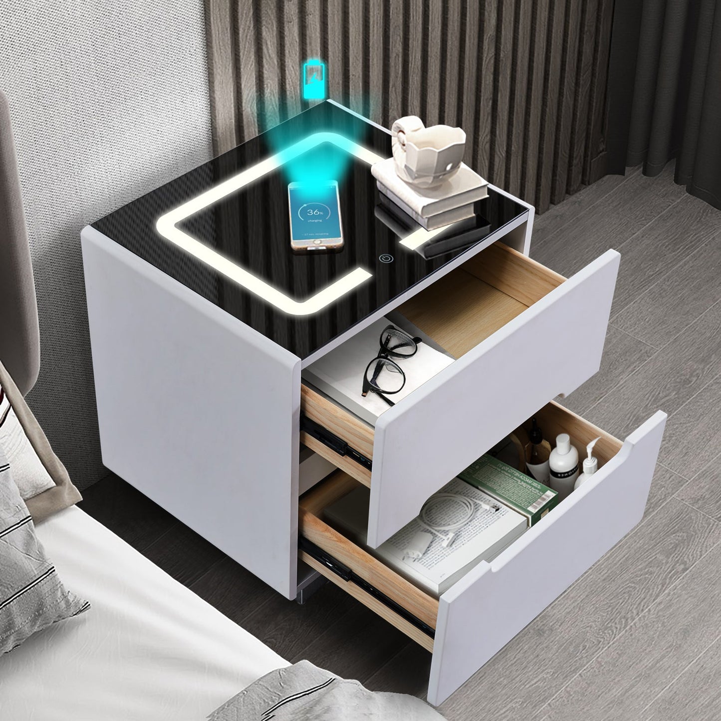 Erinn LED Light Bedside Table [2/3 Drawers][Charging Station][Nightstand]-AUDUS INTERIORS