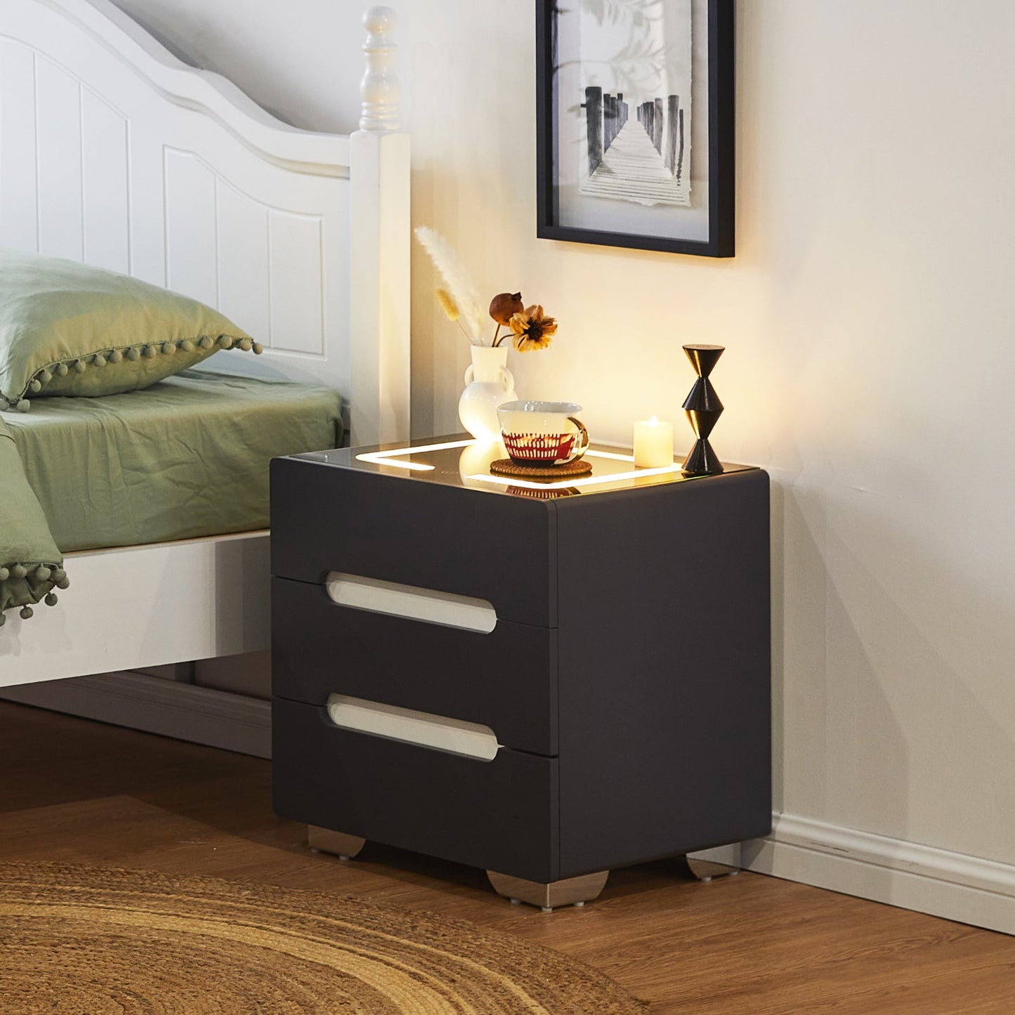 Erinn LED Light Bedside Table [2/3 Drawers][Charging Station][Nightstand]-AUDUS INTERIORS