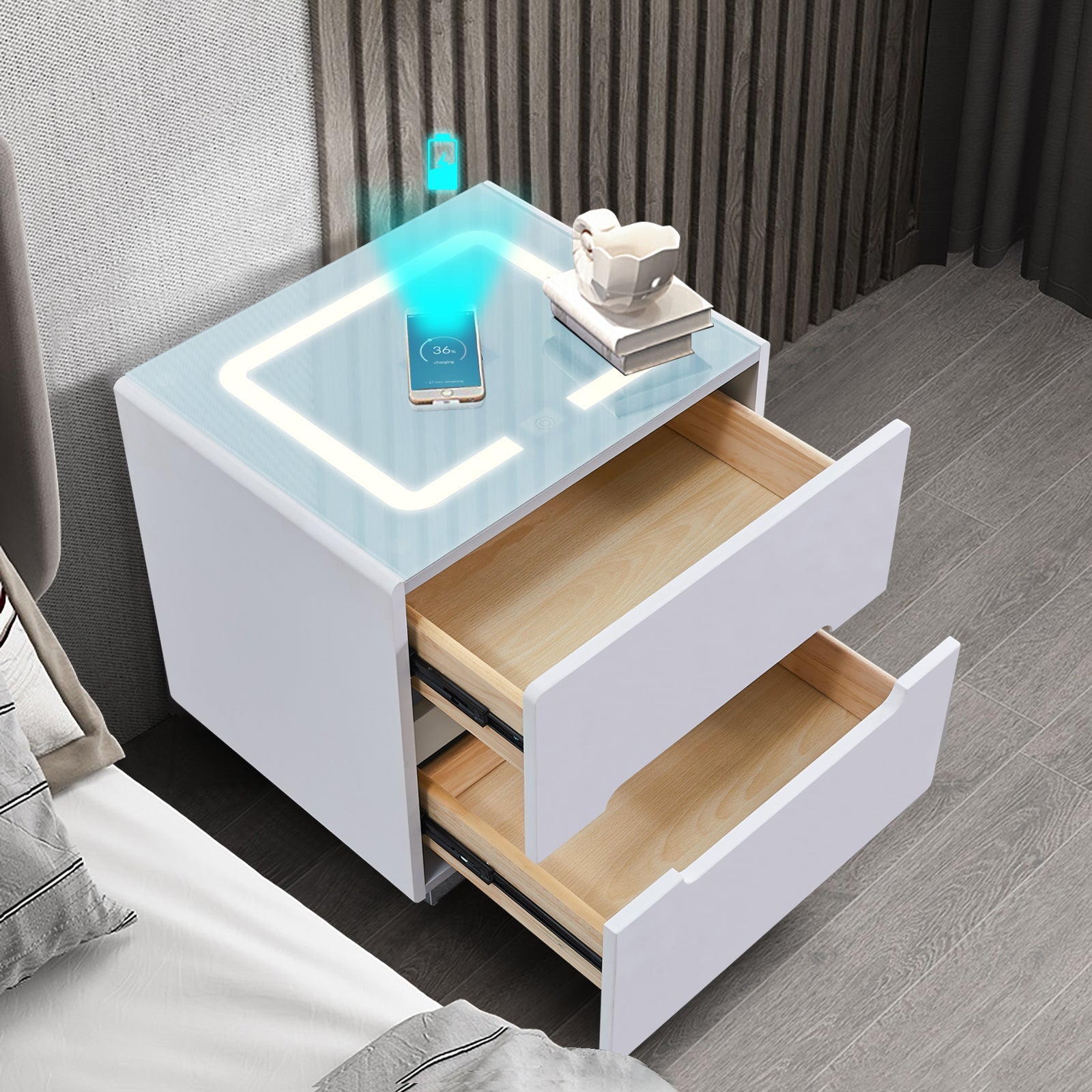 Erinn LED Light Bedside Table [2/3 Drawers][Charging Station][Nightstand]-AUDUS INTERIORS