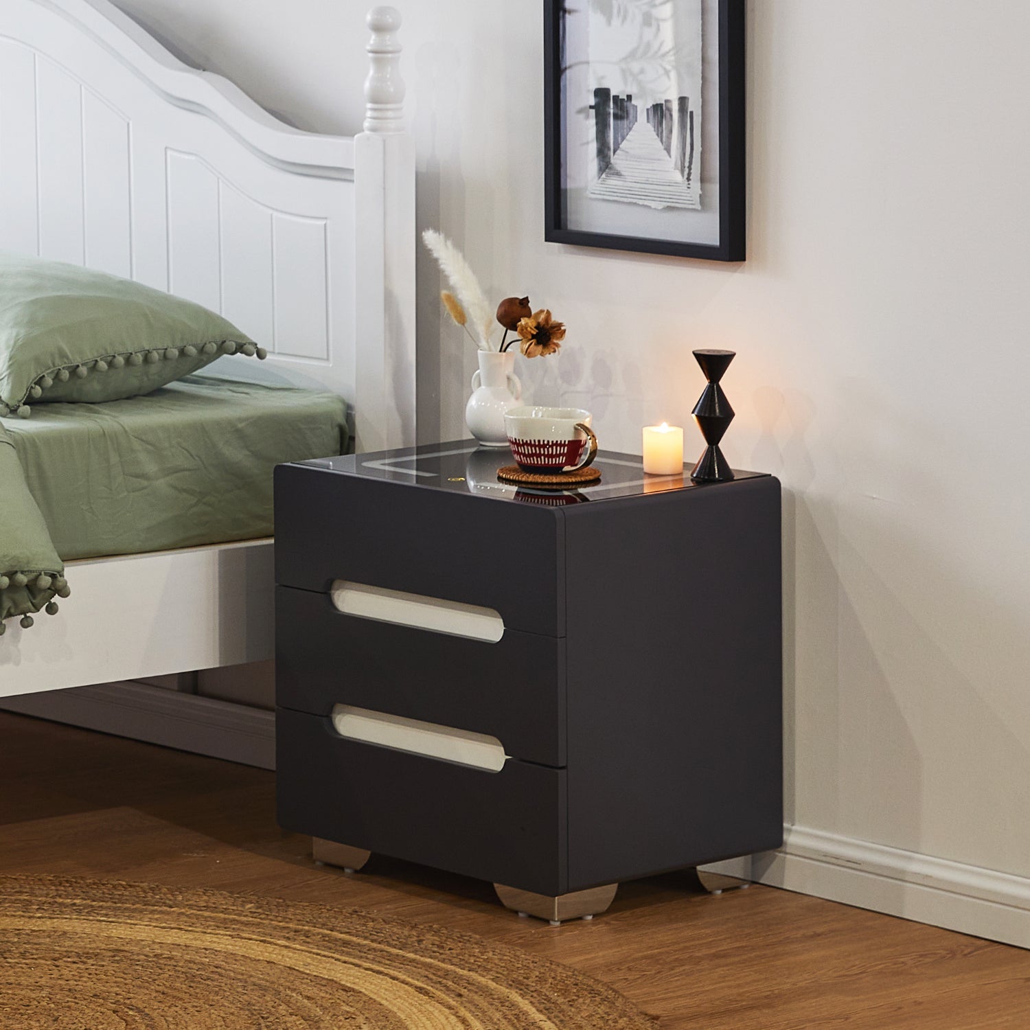 Erinn LED Light Bedside Table [2/3 Drawers][Charging Station][Nightstand]-AUDUS INTERIORS