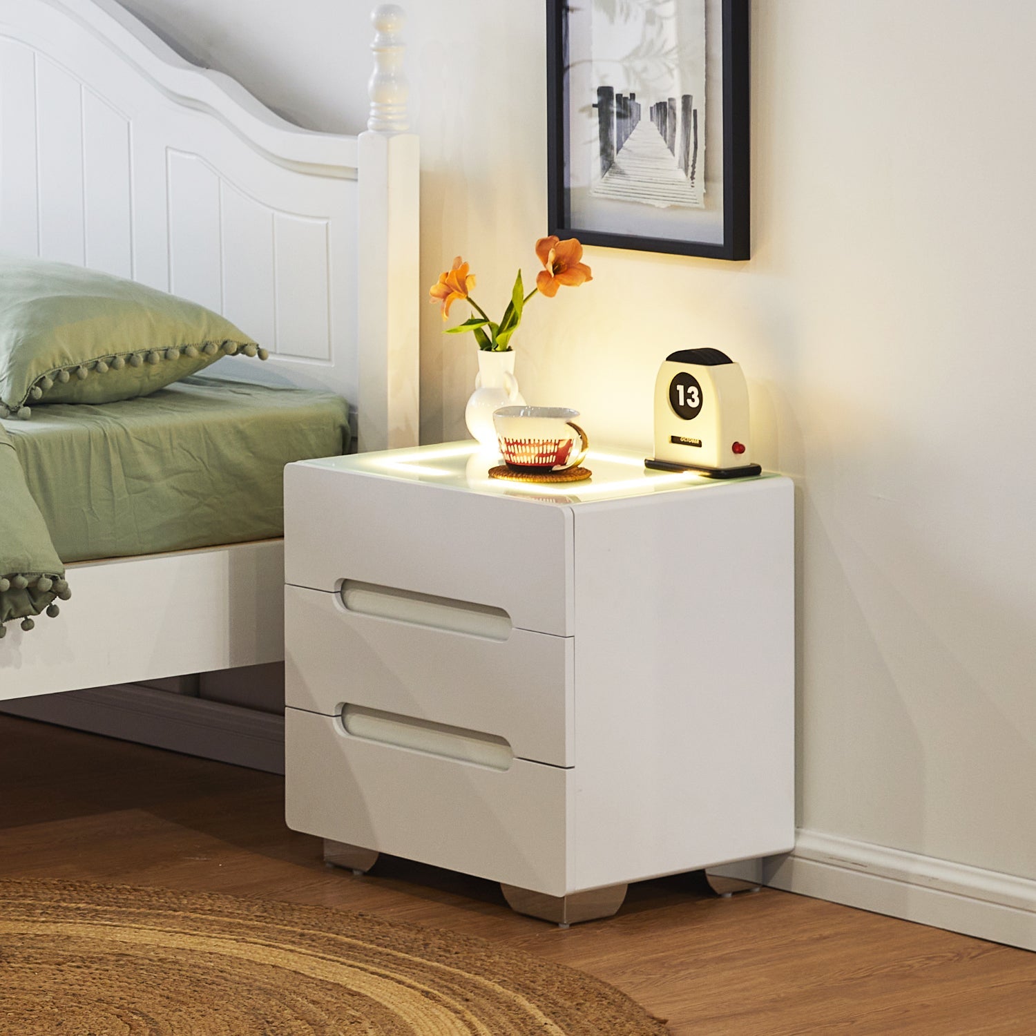 Erinn LED Light Bedside Table [2/3 Drawers][Charging Station][Nightstand]-AUDUS INTERIORS