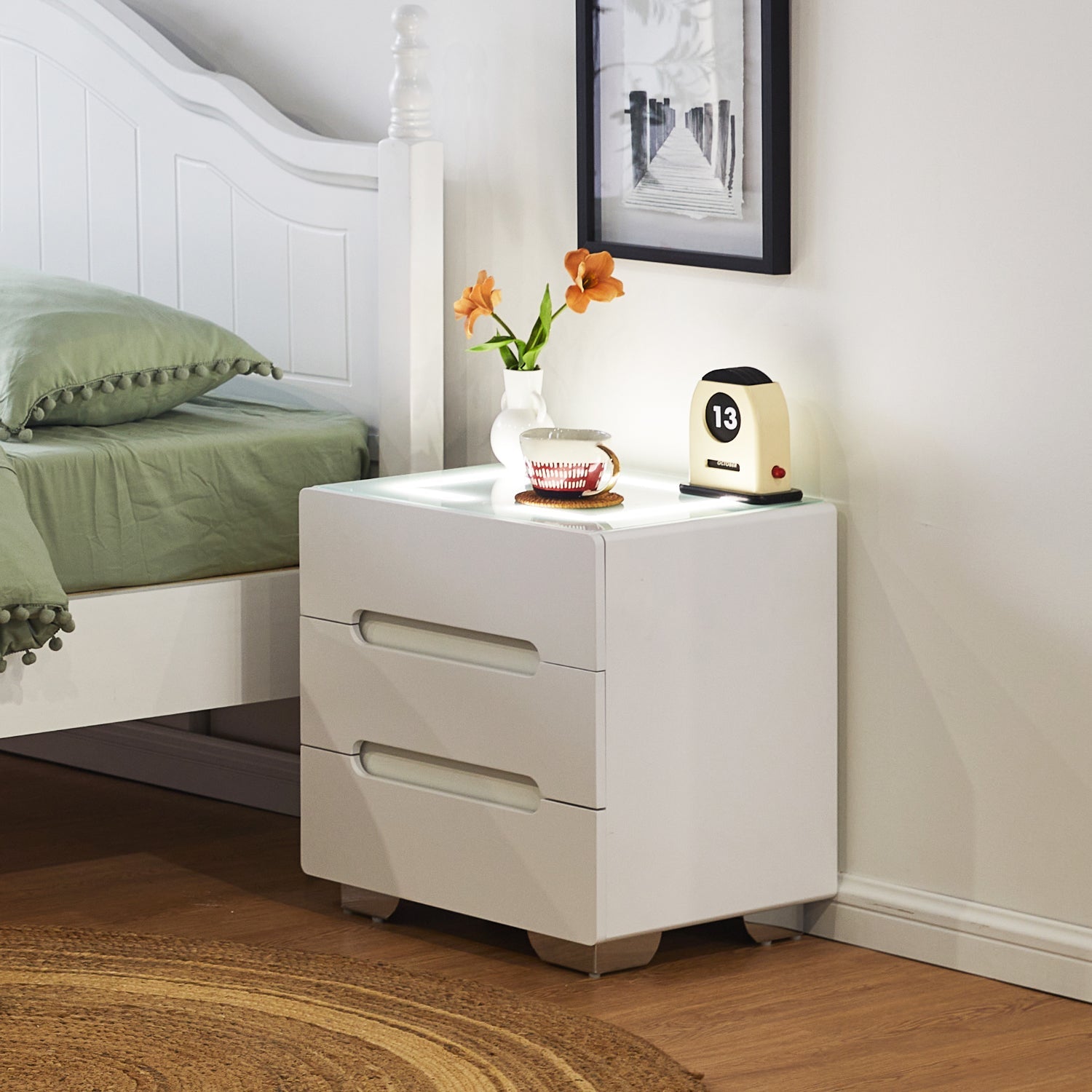 Erinn LED Light Bedside Table [2/3 Drawers][Charging Station][Nightstand]-AUDUS INTERIORS