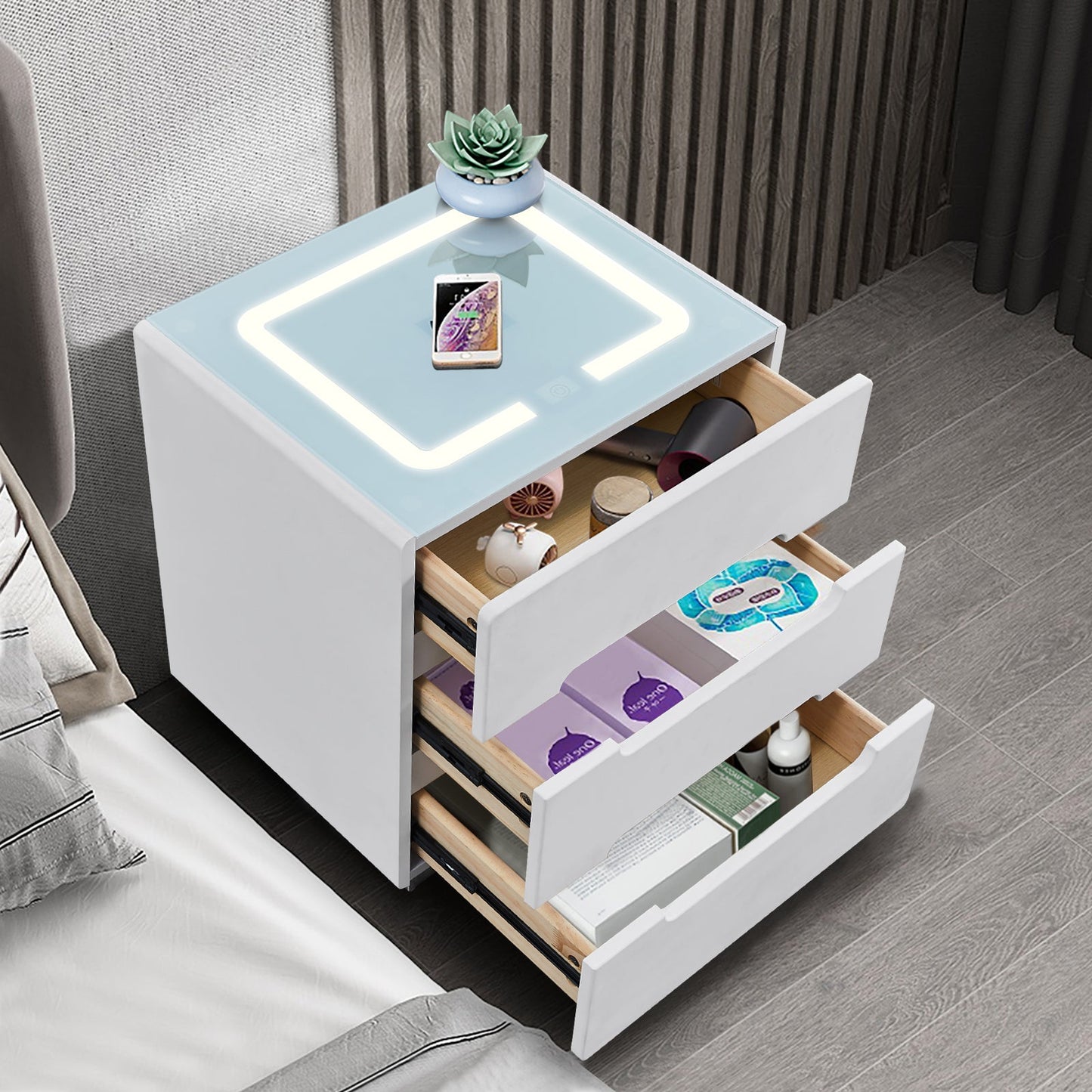 Erinn LED Light Bedside Table [2/3 Drawers][Charging Station][Nightstand]-AUDUS INTERIORS