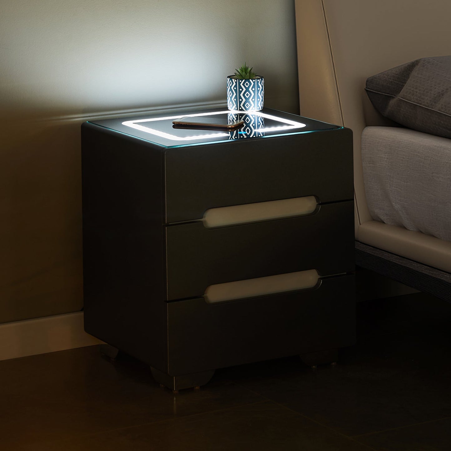 Erinn LED Light Bedside Table [2/3 Drawers][Charging Station][Nightstand]-AUDUS INTERIORS