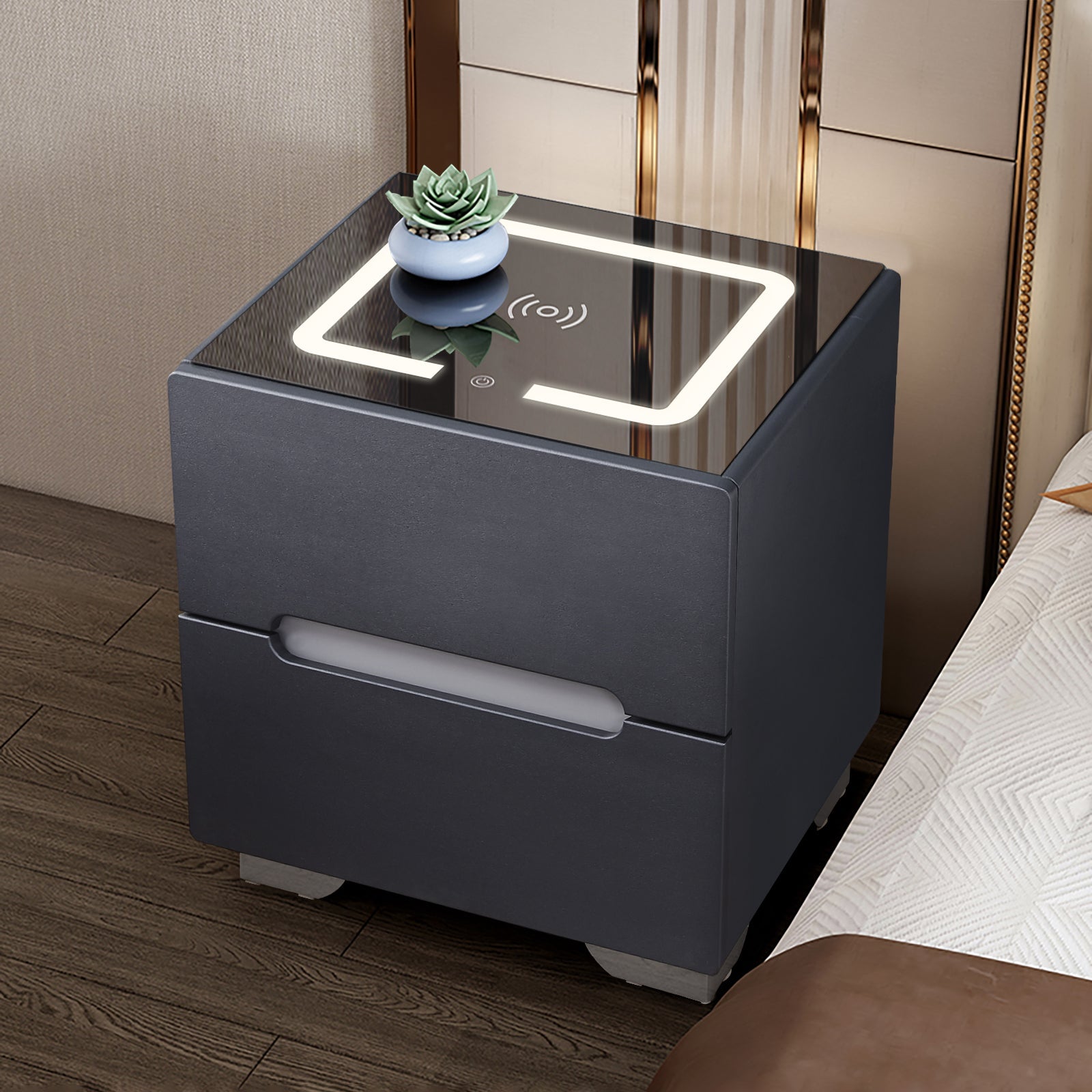 Erinn LED Light Bedside Table [2/3 Drawers][Charging Station][Nightstand]-AUDUS INTERIORS