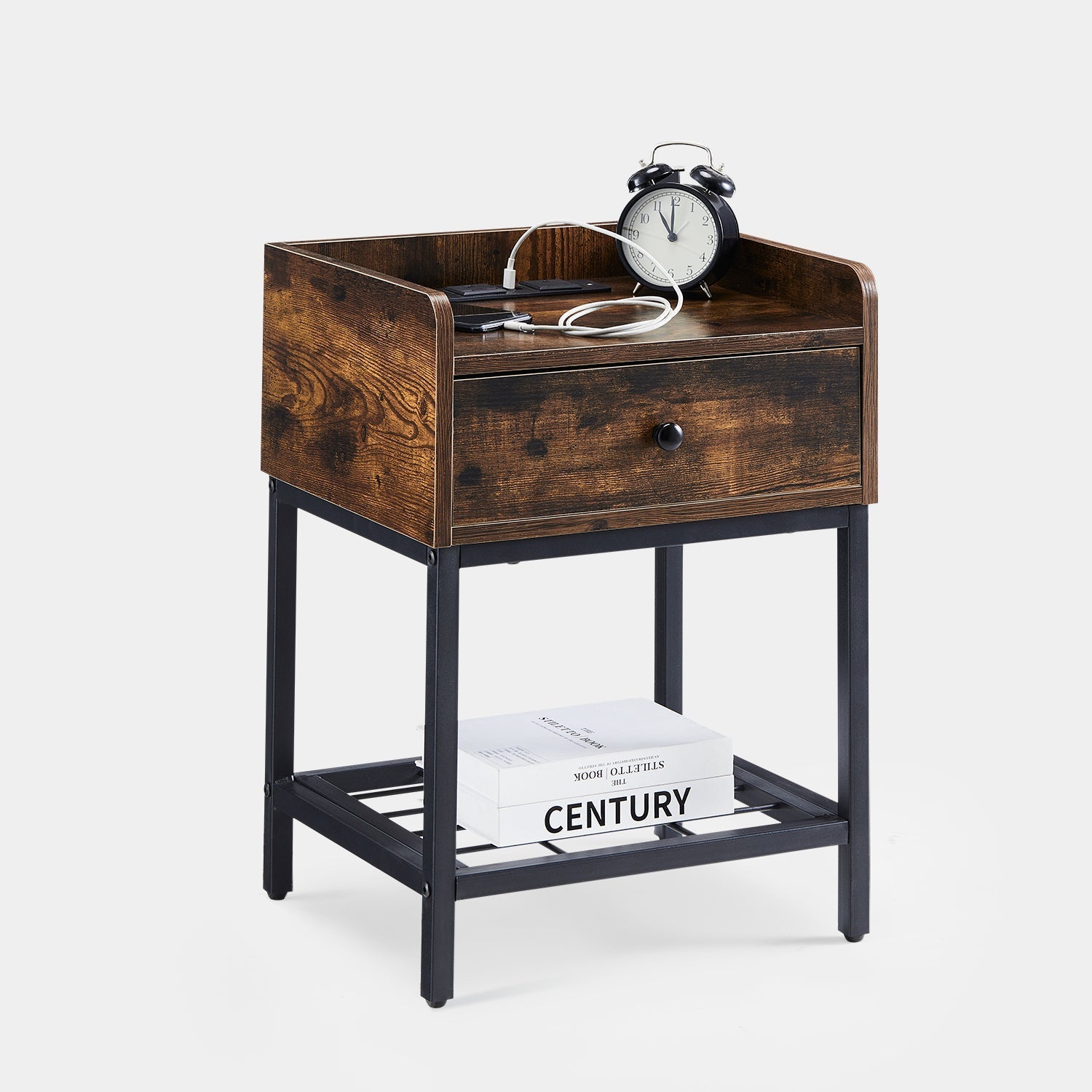 Eyve Industrial Wood Livingroom Side Table [Charging Station]-AUDUS INTERIORS
