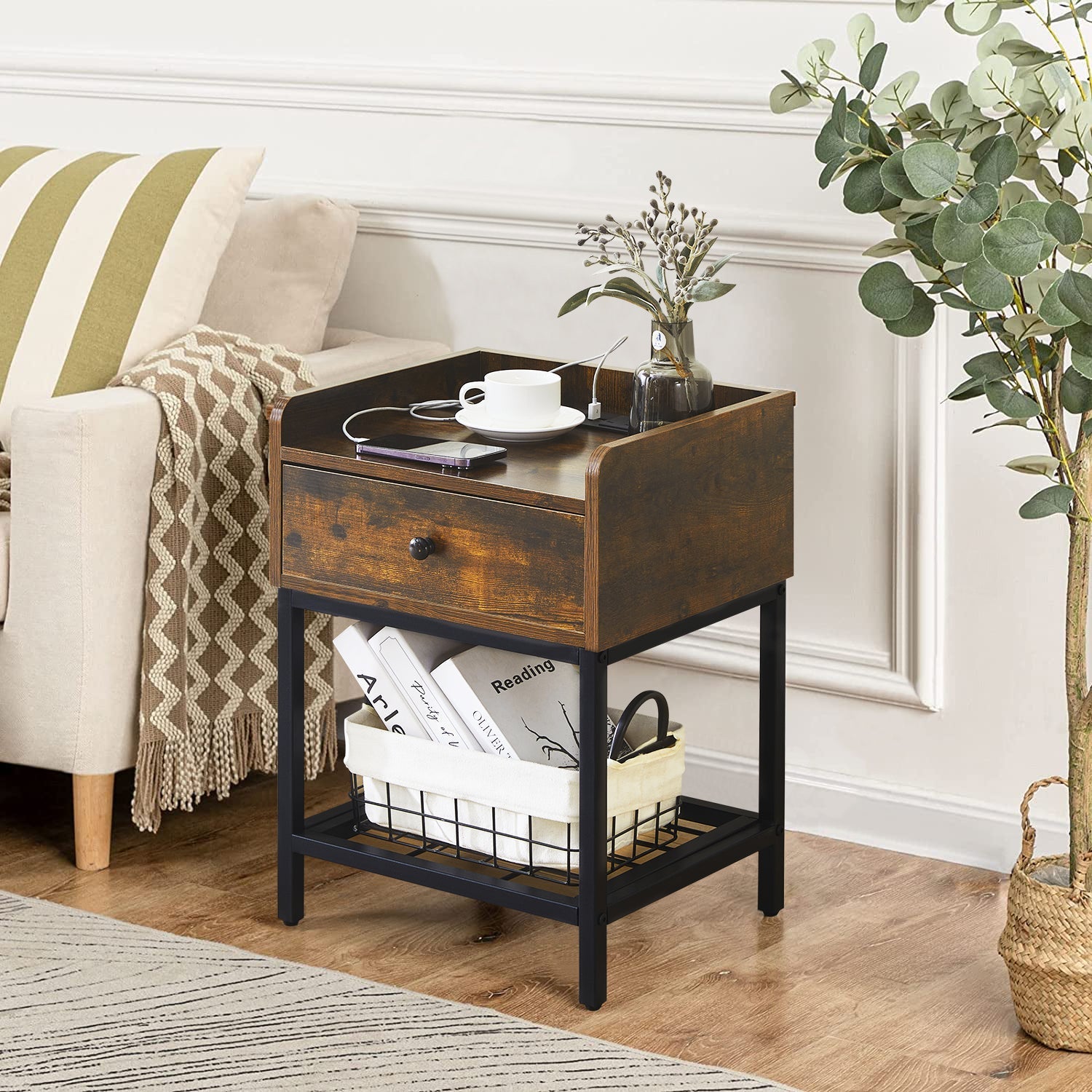 Eyve Industrial Wood Livingroom Side Table [Charging Station]-AUDUS INTERIORS
