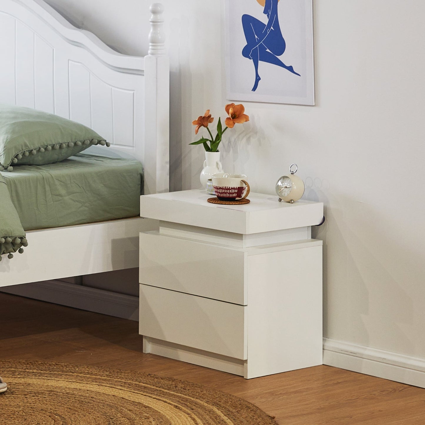 Kumar LED Light Bedside Table [2 Drawers][Nightstand]-AUDUS INTERIORS