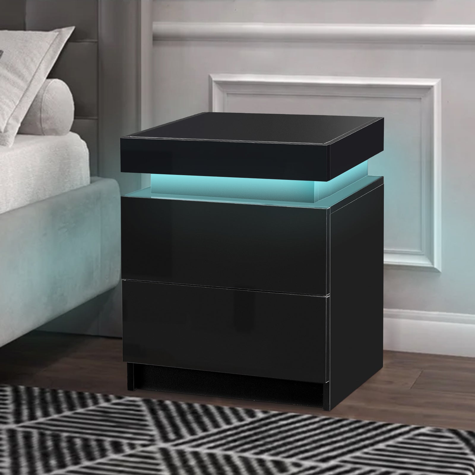 Kumar LED Light Bedside Table [2 Drawers][Nightstand]-AUDUS INTERIORS