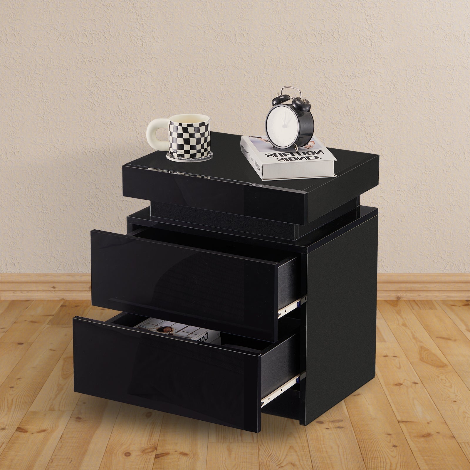 Kumar LED Light Bedside Table [2 Drawers][Nightstand]-AUDUS INTERIORS