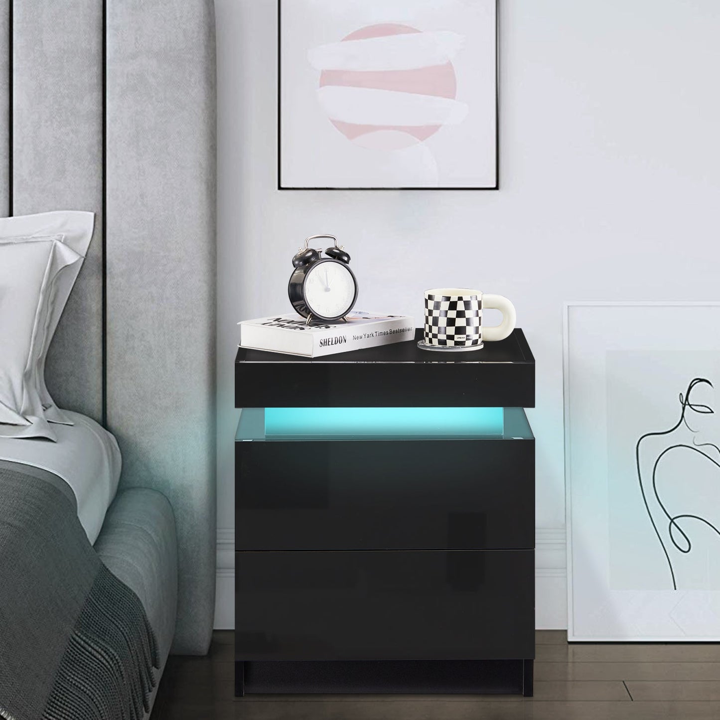 Kumar LED Light Bedside Table [2 Drawers][Nightstand]-AUDUS INTERIORS