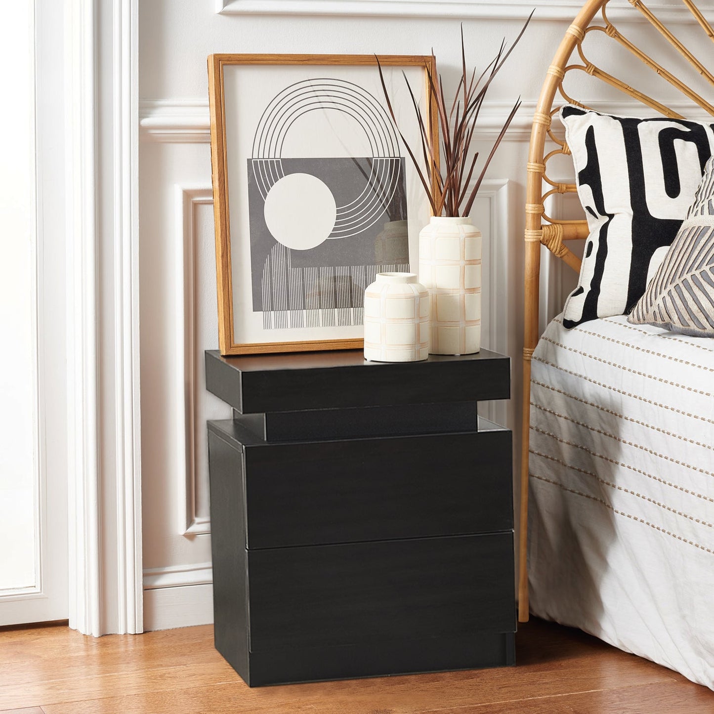 Kumar LED Light Bedside Table [2 Drawers][Nightstand]-AUDUS INTERIORS