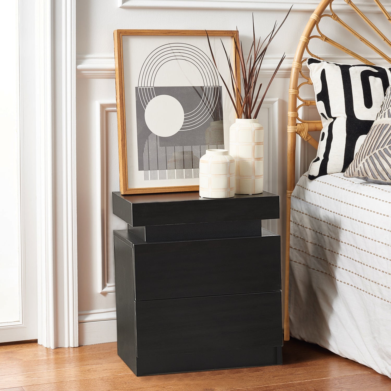 Kumar LED Light Bedside Table [2 Drawers][Nightstand]-AUDUS INTERIORS