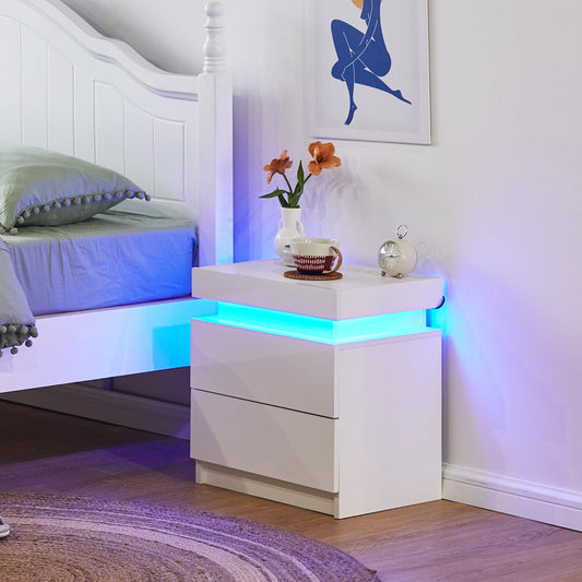 Kumar LED Light Bedside Table [2 Drawers][Nightstand]-AUDUS INTERIORS