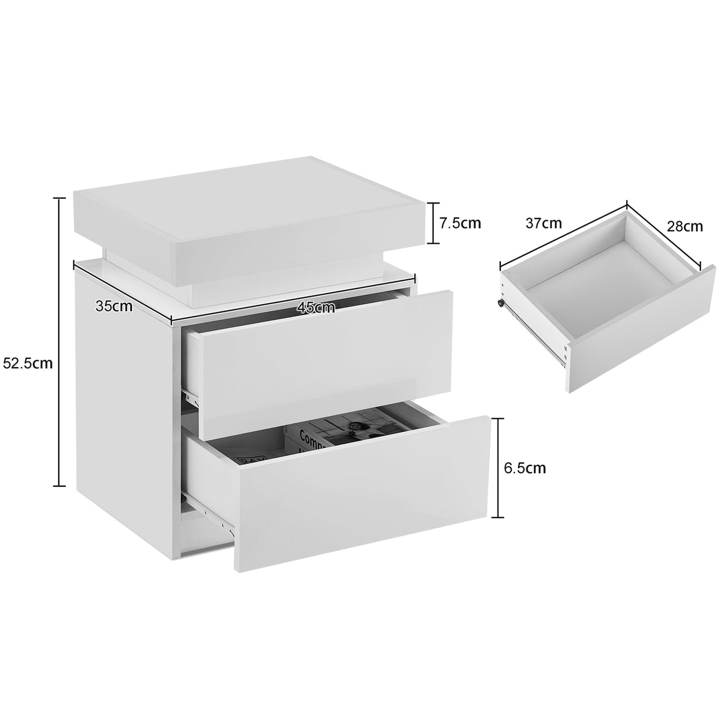 Kumar LED Light Bedside Table [2 Drawers][Nightstand]-AUDUS INTERIORS