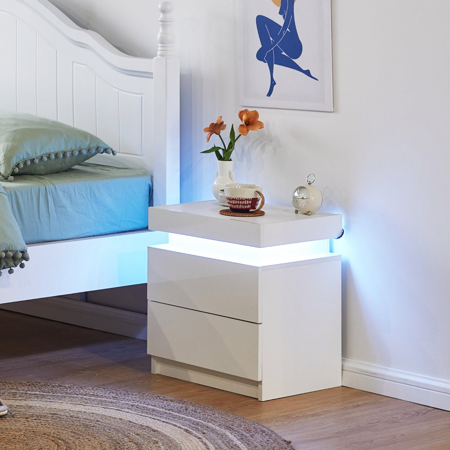 Kumar LED Light Bedside Table [2 Drawers][Nightstand]-AUDUS INTERIORS
